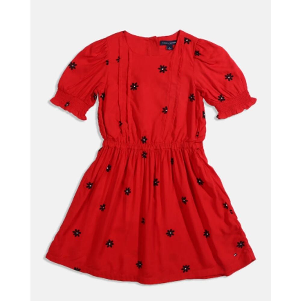 Tommy Hilfiger Girls Dress 16 Red Fit Flare Puff Sleeve Cotton Floral Flower EUC